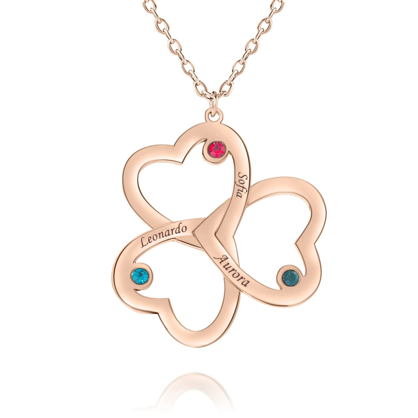Collier Prénoms Tri-Coeur Personnalisés et Pierre de Naissance