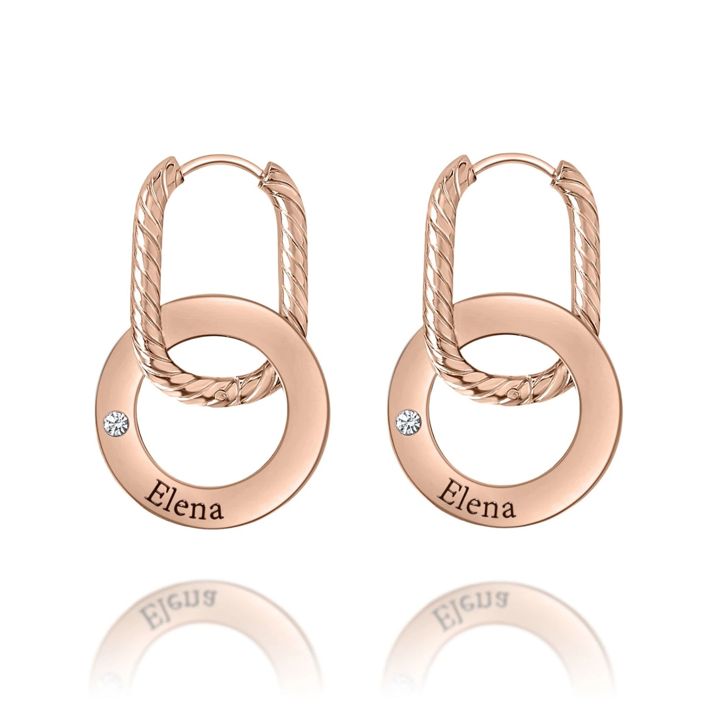 Boucles d’Oreilles Créoles Gravées avec Anneau Torsadé & Cristal