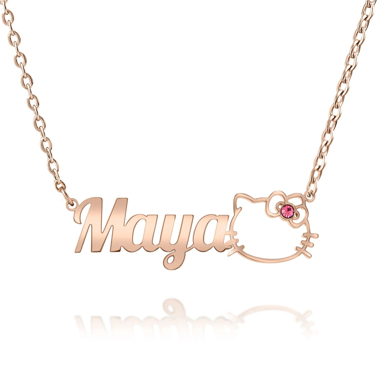 Collier Prénom Personnalisé avec Motif Chat & Pierre Scintillante