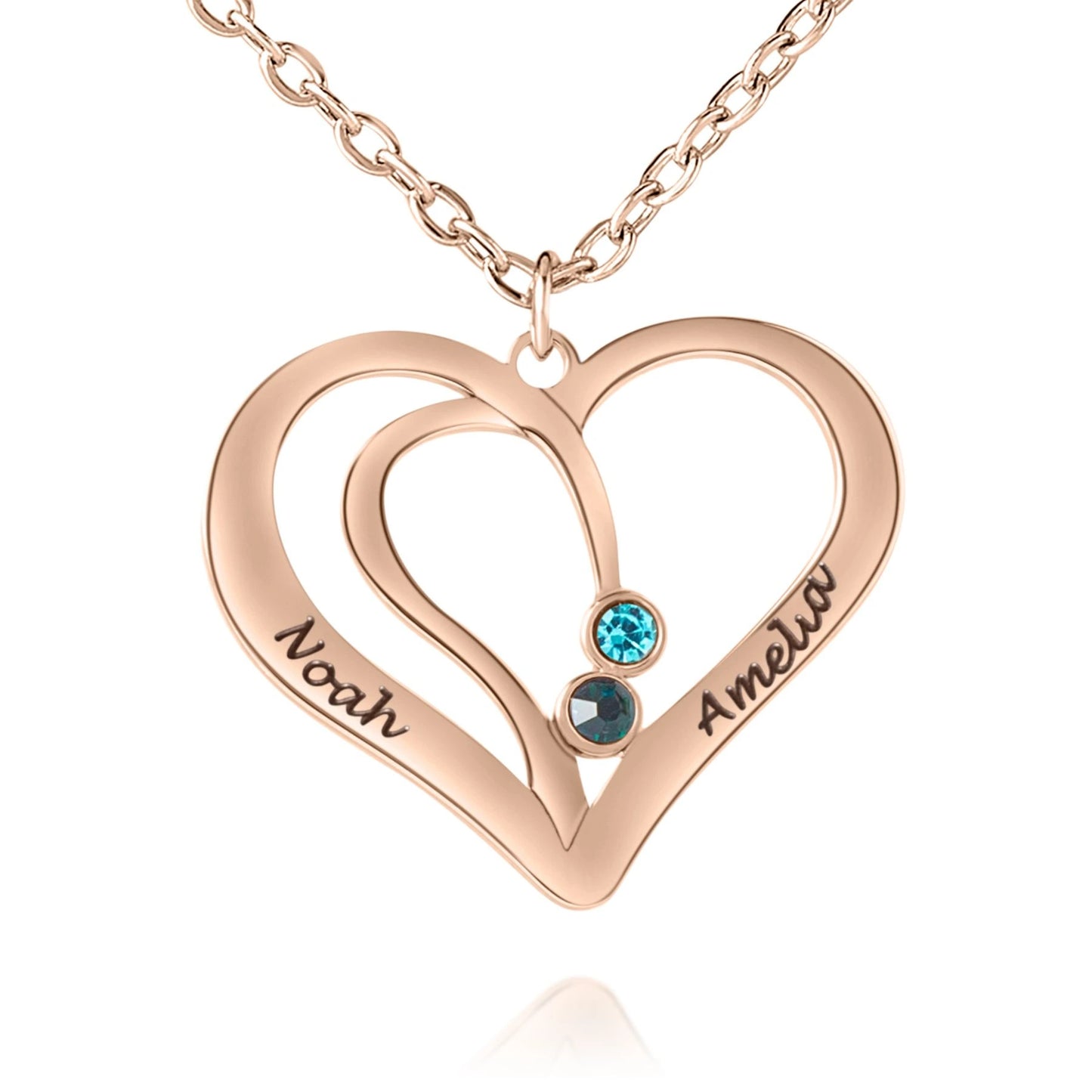 Collier Cœur Entrelacé avec Prénoms Gravés et Pierres de Naissance