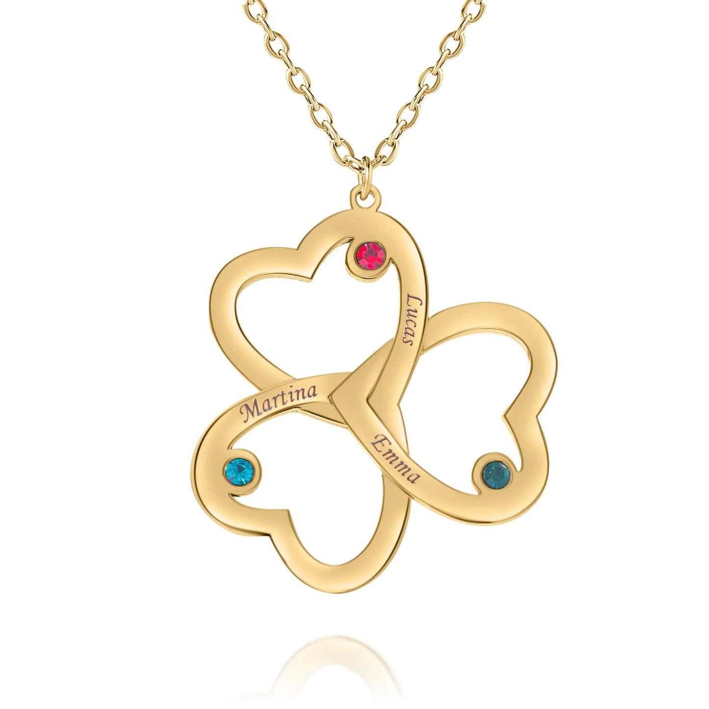 Collier Prénoms Tri-Coeur Personnalisés et Pierre de Naissance
