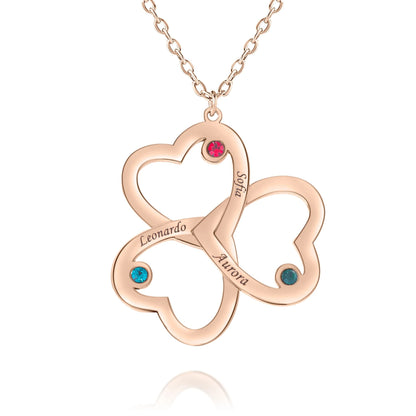 Collier Prénoms Tri-Coeur Personnalisés et Pierre de Naissance