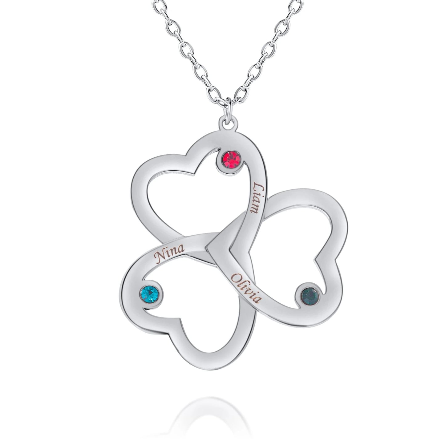 Collier Prénoms Tri-Coeur Personnalisés et Pierre de Naissance
