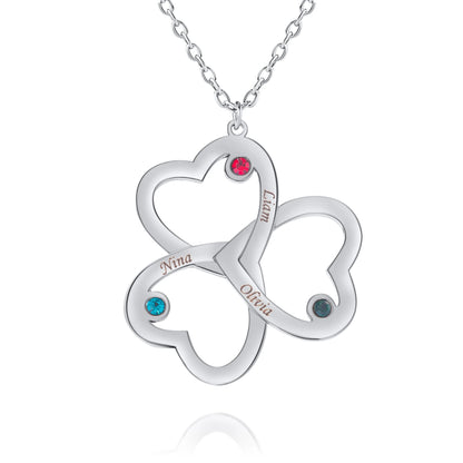 Collier Prénoms Tri-Coeur Personnalisés et Pierre de Naissance