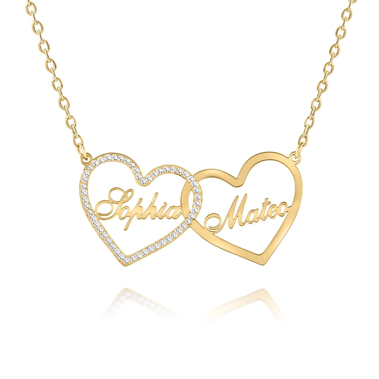 Collier Personnalisé 2 Prénoms Double Coeur & Strass