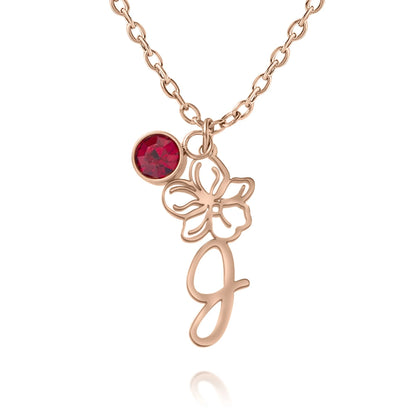 Collier Fleur Gravé avec Pierre de Naissance Personnalisé