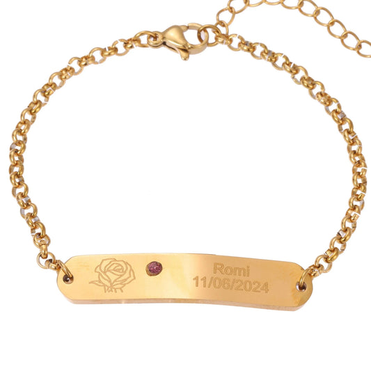 Pulsera de Identificación Grabada con Flor y Piedra de Nacimiento Personalizada
