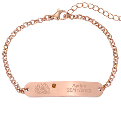 Bracelet Gourmette Personnalisée Gravée Fleur et Pierre de Naissance