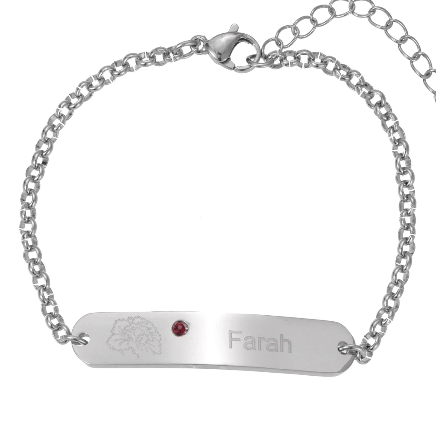 Bracelet Gourmette Personnalisée Gravée Fleur et Pierre de Naissance