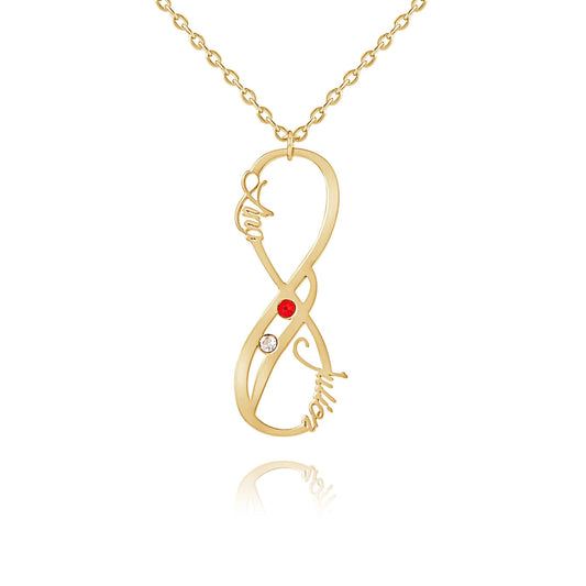 Collar Infinito Vertical con Dos Nombres y Piedras de Nacimiento