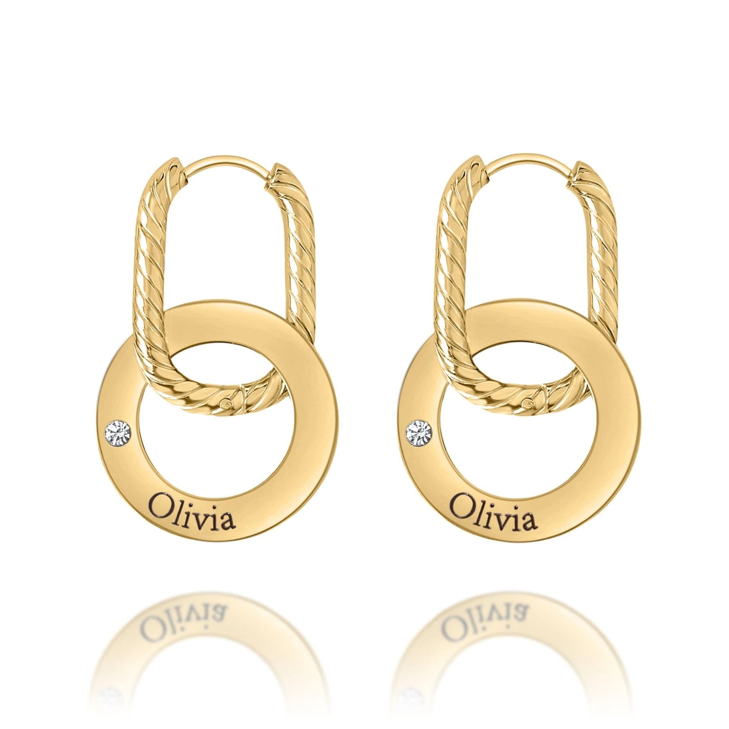 Boucles d’Oreilles Créoles Gravées avec Anneau Torsadé & Cristal