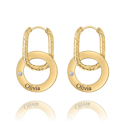 Boucles d’Oreilles Créoles Gravées avec Anneau Torsadé & Cristal