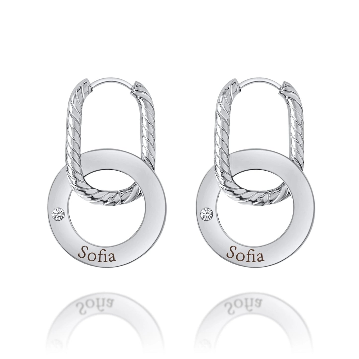 Boucles d’Oreilles Créoles Gravées avec Anneau Torsadé & Cristal