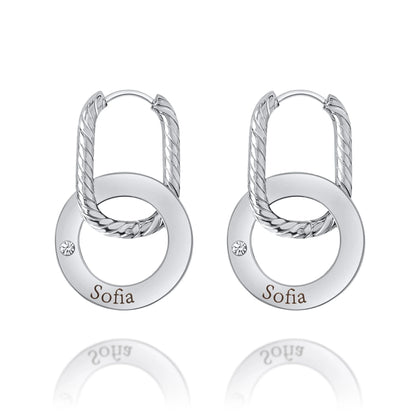 Boucles d’Oreilles Créoles Gravées avec Anneau Torsadé & Cristal