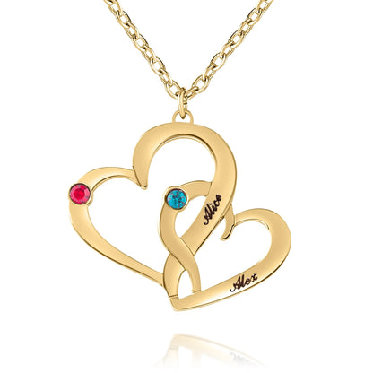 Collier Cœurs Entrelacés avec Pierres de Naissance et Prénoms Gravés