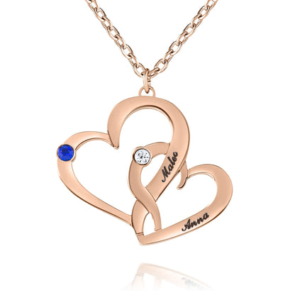 Collier Cœurs Entrelacés avec Pierres de Naissance et Prénoms Gravés