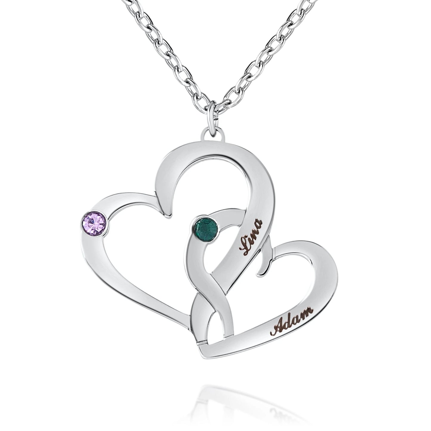 Collier Cœurs Entrelacés avec Pierres de Naissance et Prénoms Gravés