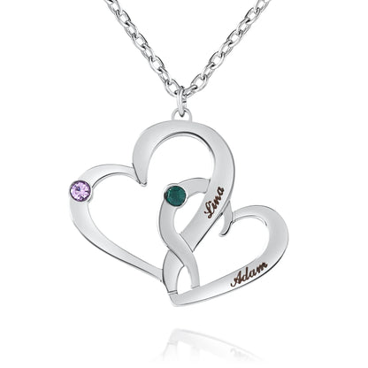 Collier Cœurs Entrelacés avec Pierres de Naissance et Prénoms Gravés