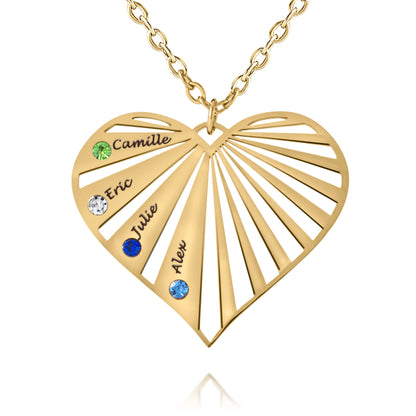 Collier Cœur Rayonnant avec Prénoms Gravés et Pierres de Naissance