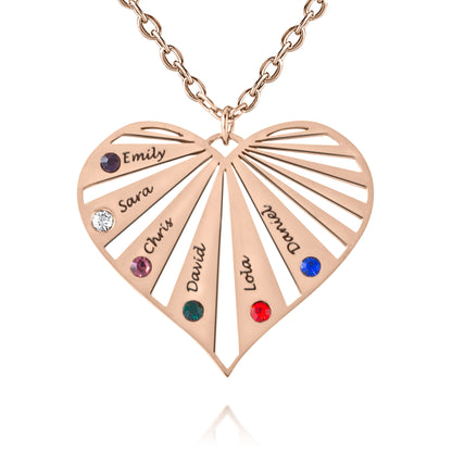 Collier Cœur Rayonnant avec Prénoms Gravés et Pierres de Naissance