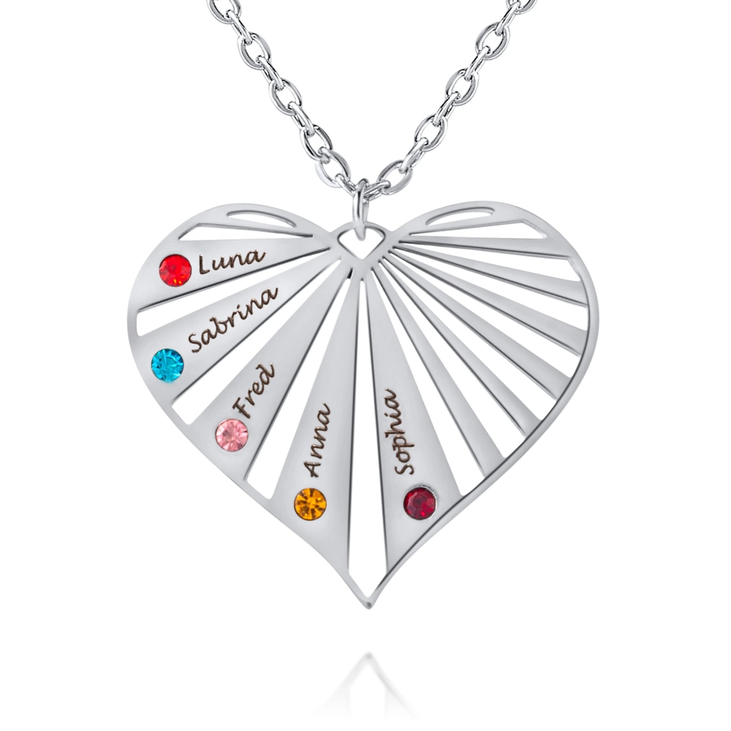 Collier Cœur Rayonnant avec Prénoms Gravés et Pierres de Naissance