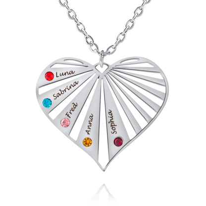 Collier Cœur Rayonnant avec Prénoms Gravés et Pierres de Naissance