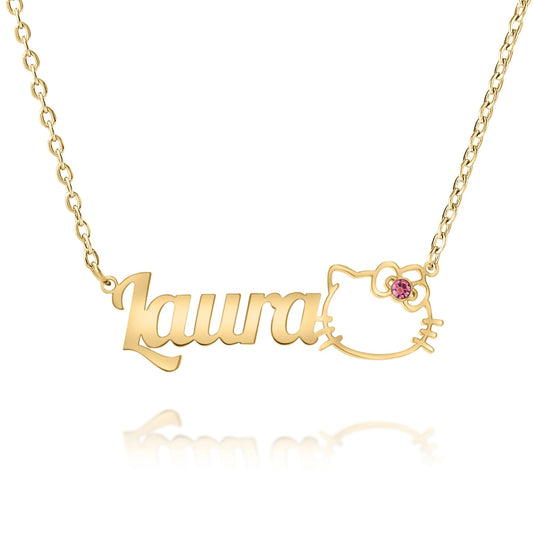 Collier Prénom Personnalisé avec Motif Chat & Pierre Scintillante