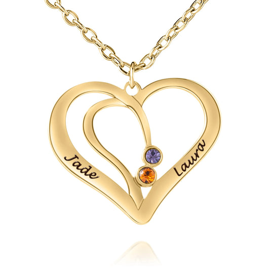 Collar Corazones Cruzados con Nombres & Piedras de Nacimiento Personalizado