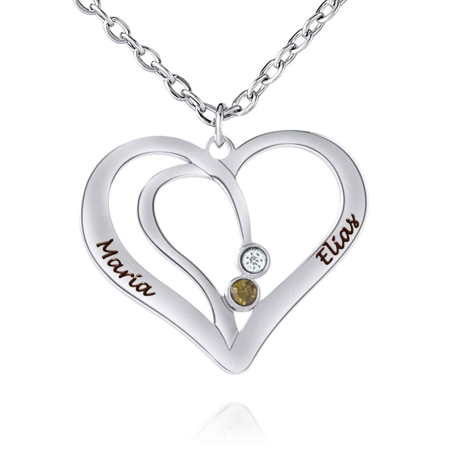 Collier Cœur Entrelacé avec Prénoms Gravés et Pierres de Naissance