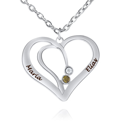 Collier Cœur Entrelacé avec Prénoms Gravés et Pierres de Naissance